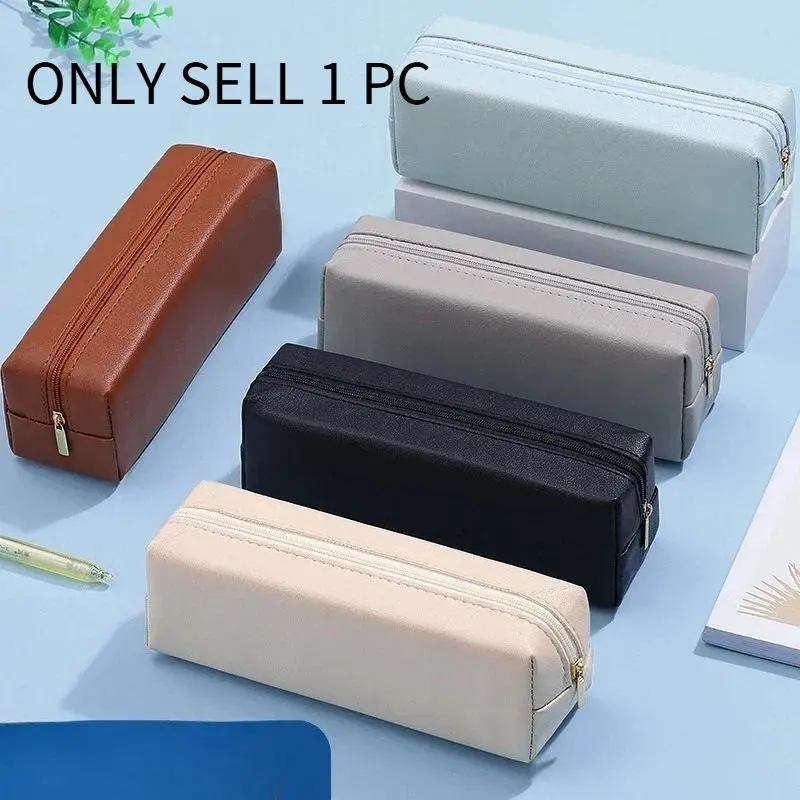 Korean Stationery Holder PU Leather Large Capacity Pencil Bag Case Storage Box Zipper Pencil Pouch Student School Supplies