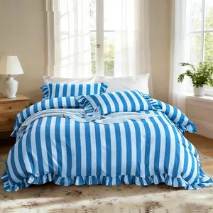 3pcs Fresh French Blue Striped Ruffle Duvet Cover Set, Includes 1 Duvet Cover + 2 Pillowcases, No Insert, Soft for All-Season Sleep, Dorm Decor, All Sizes Available