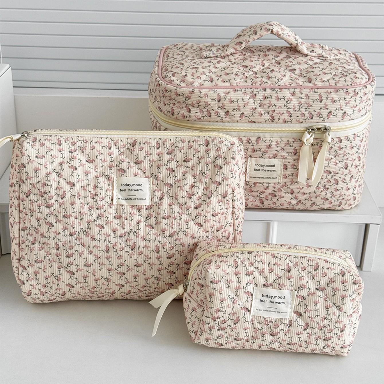 3-Piece Quilted Travel Makeup Bag Set, Large Capacity, Washable, Floral Pattern, Portable, Ideal for Women/girls, Perfect Gift