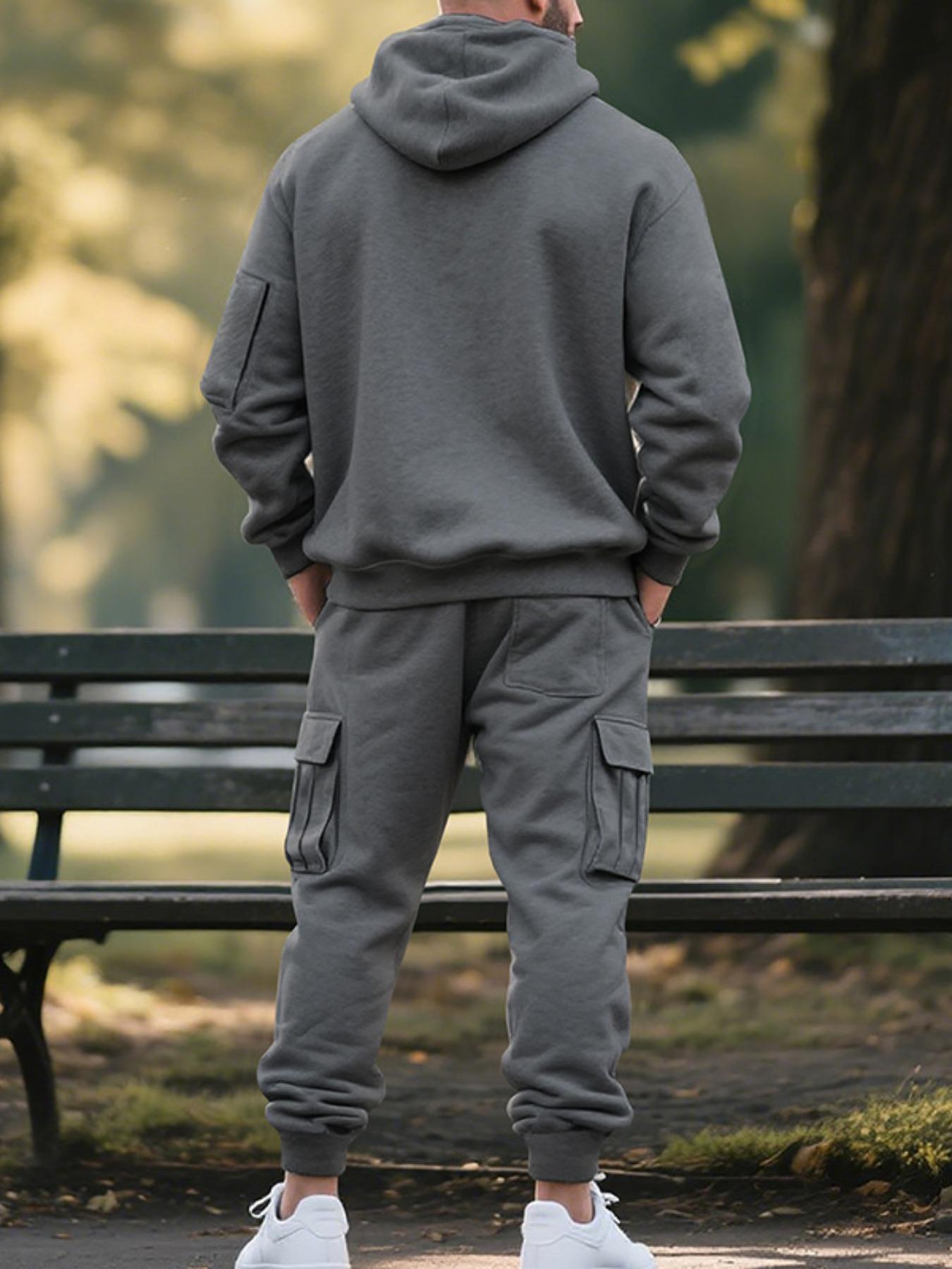 Men's Winter Heavyweight Fleece-Lined Casual Set, Loose Fit Sporty Multi-Pocket Workwear Suit, Warm & Comfortable Two-Piece Set