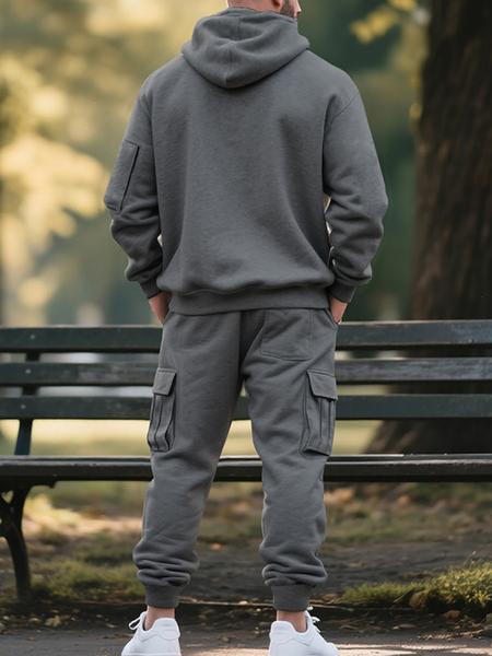 Men's Winter Heavyweight Fleece-Lined Casual Set, Loose Fit Sporty Multi-Pocket Workwear Suit, Warm & Comfortable Two-Piece Set