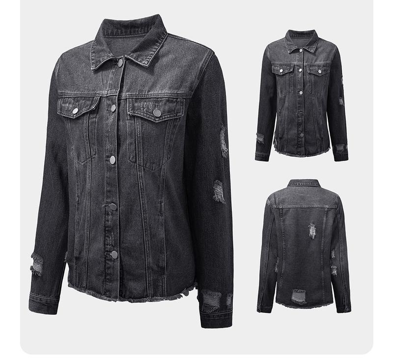 EVALESS Women's Casual Short Jean Jackets Non Stretch Distressed Ripped Boyfriend Washed Coats Lapel Long Sleeve Denim Jacket Outwear Tops 2026 Womenswear Spring Winter Outfits
