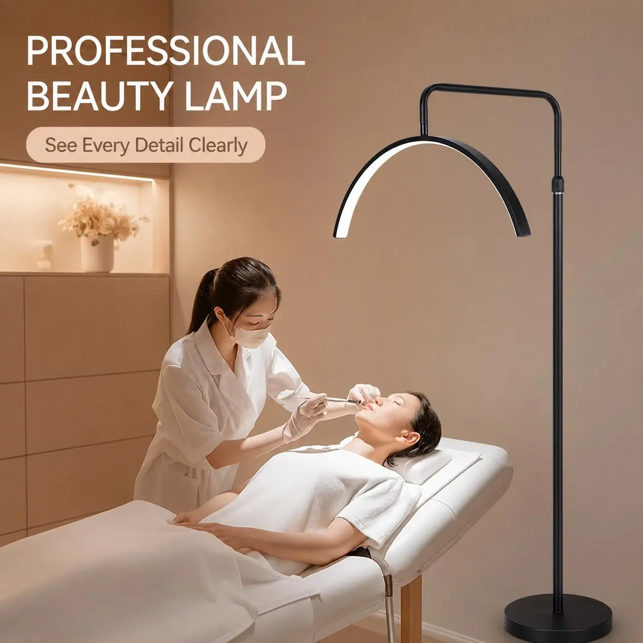 CRESCENT BEAUTY LAMP,For Eyelash Extensions Beauty And Content Creation, Floor Lamp Adjustible Brightness Arched Lash Light For Lash Extension, Skincare, Eyebrows, Tattoo