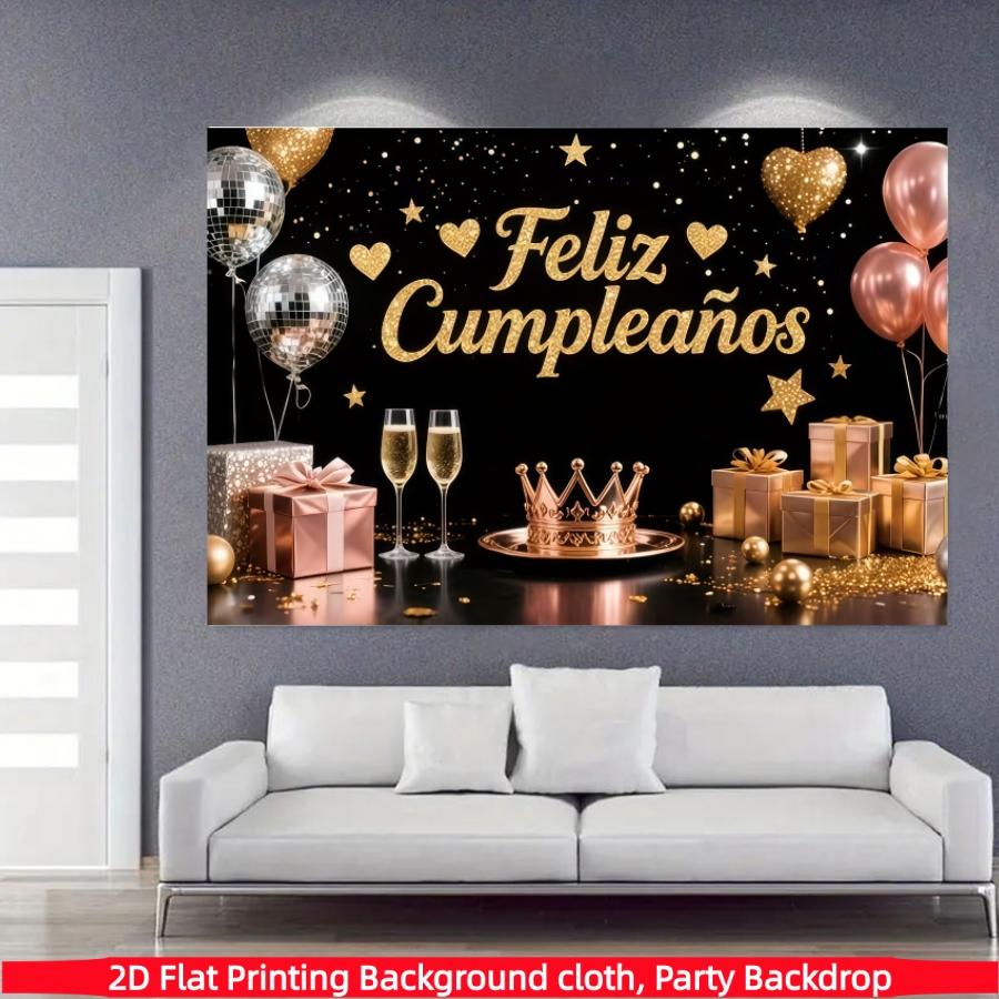 Birthday Party Background Banner, Polyester Material, Stars, Hearts, Crowns, Champagne Glasses, Home Decor, Indoor/outdoor Parties