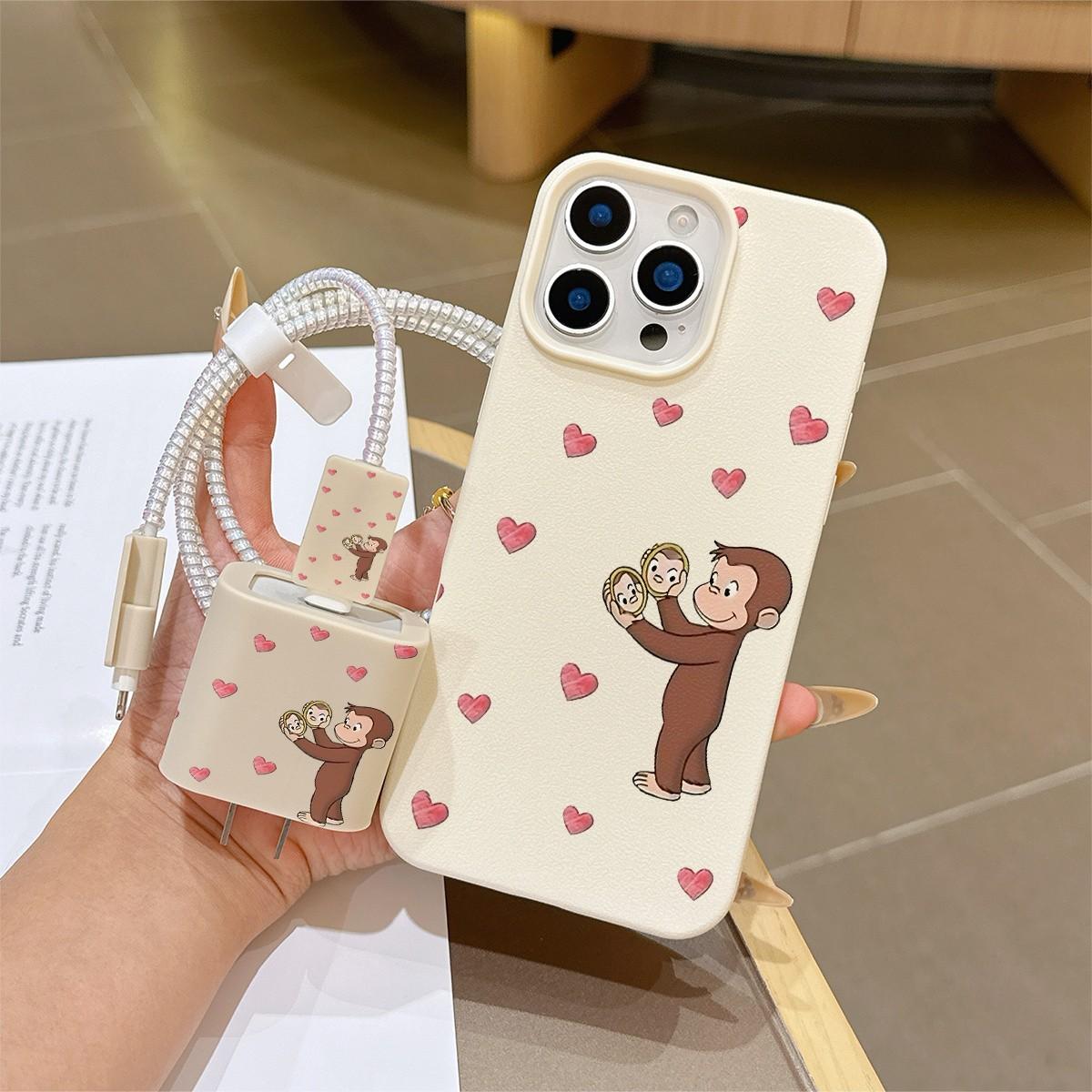 6-Piece Set Creative Heart Monkey Phone Case, Charging Head Cover, Cable Protector, Storage Rope, Data Line Protection for iPhone