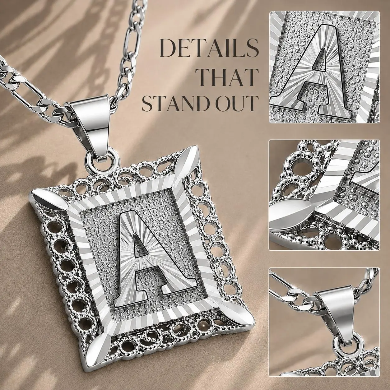 Personalized 304L Stainless Steel Initial Square Capital Monogram Pendant Necklace for Men Women, Trendy Silver Plated Initial Letter A-Z Pendant Figaro Chain Jewelry Festivals, Birthdays, and Special Occasions