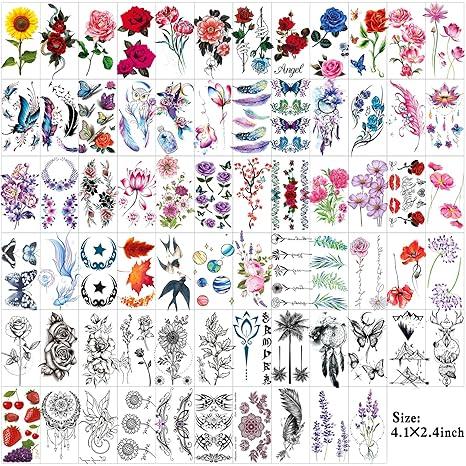 82 Sheets Flowers Temporary Tattoos Stickers, Roses, Butterflies and Multi-Colored Mixed Style Body Art Temporary Tattoos for Women, Girls or Kids Waterproof scene accessories