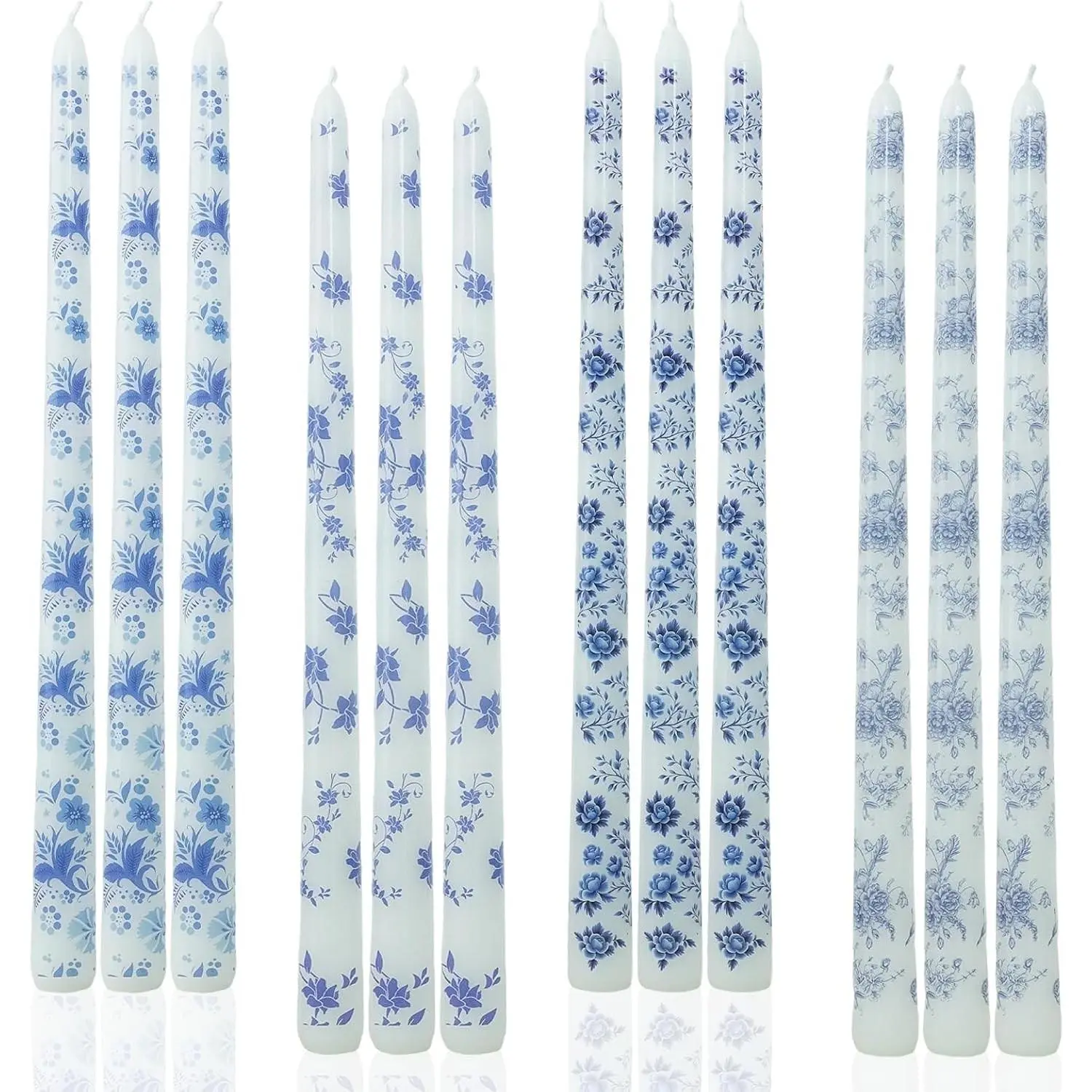 12 Inch Blue and White Porcelain Chinoiserie Long Taper Candlesticks, Dripless Unscented Candles for Party Gift Home Decor, 12 Pcs
