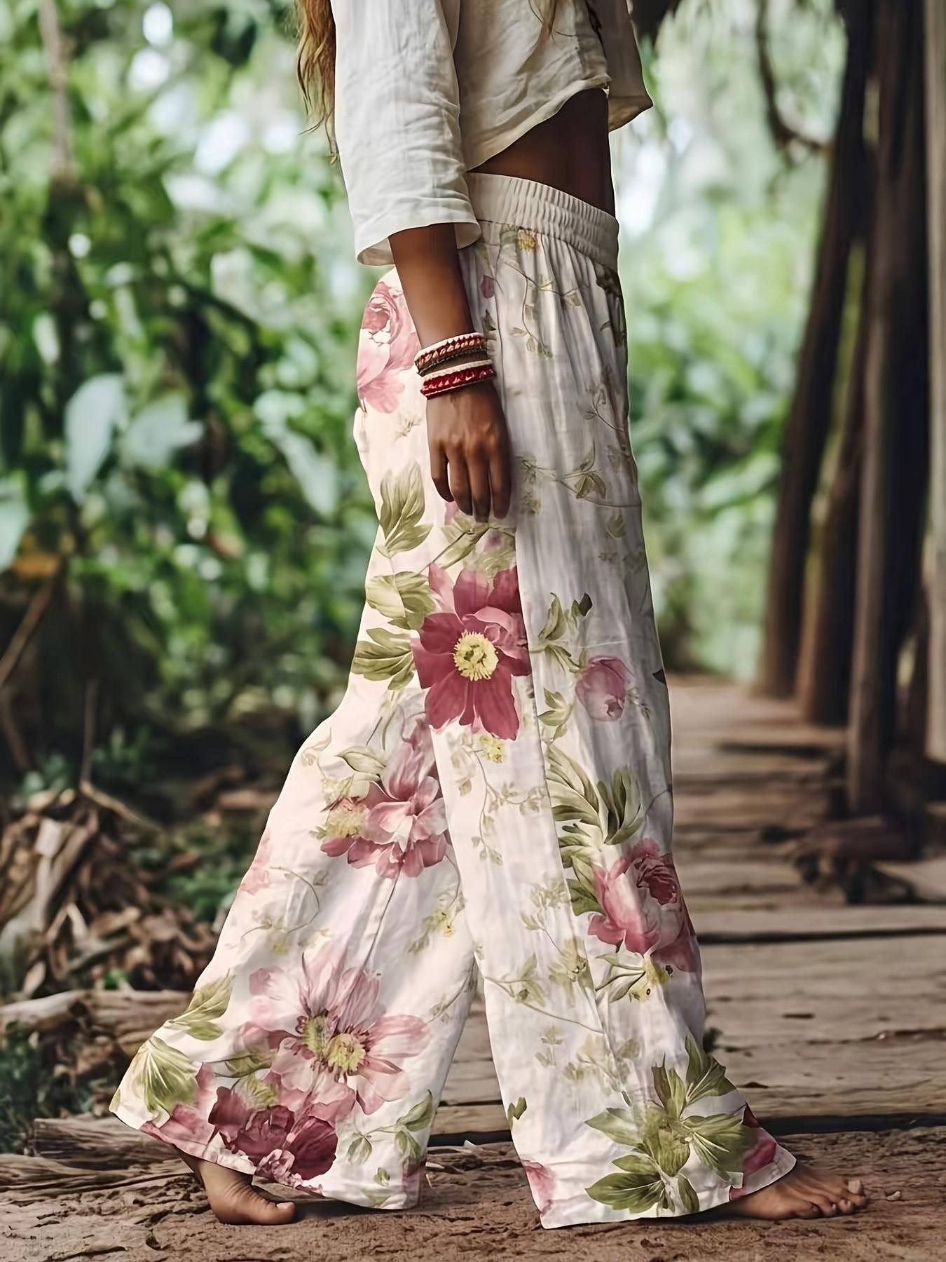Women's Floral Print Casual Chic Boho Style Bohemian Wide Leg Long Pants with Elastic Waist, Comfortable Breathable Fabric, Ideal for Vacation, Home, Everyday Wear, Suitable for Spring, Summer, Fall, Boho Festival Trousers