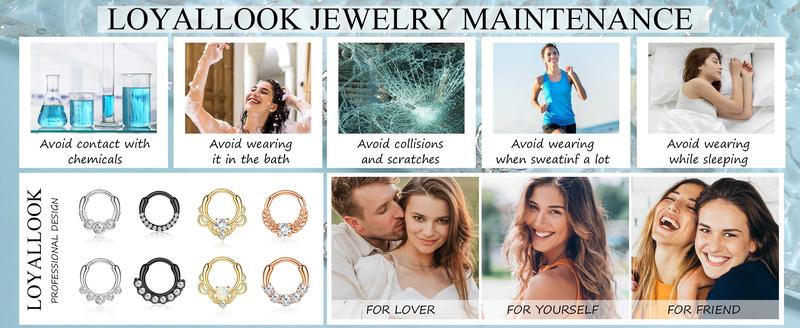 LOYALLOOK 8counts 16G Septum Clicker Ring Stainless Steel CZ Opal Cartilage Helix Tragus Hoop Daith Earrings Nose Rings Hoop Hinged Segment Clicker Ring Piercing Jewelry Accessory Conch