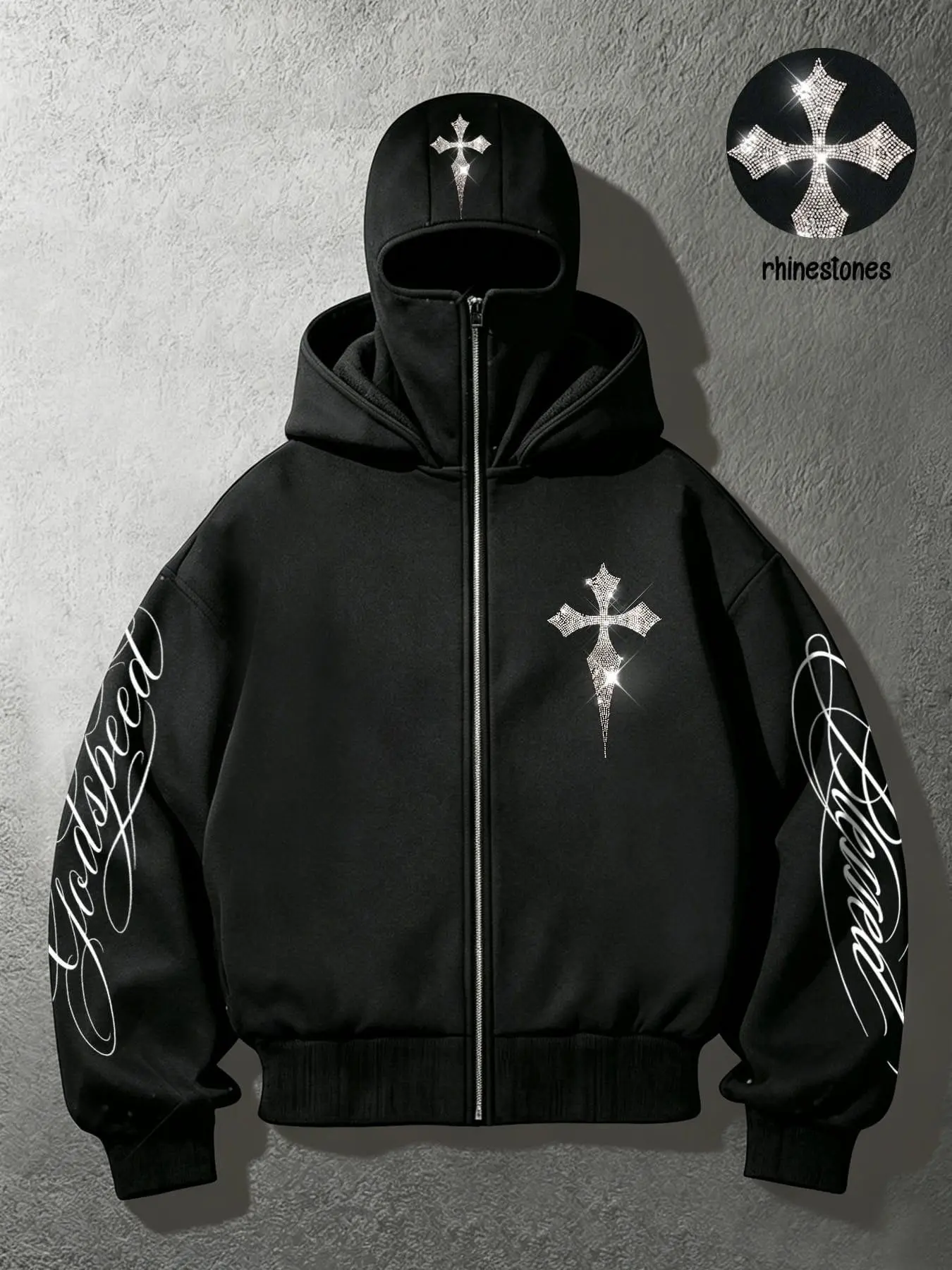 Y2K Gothic Rhinestone Cross Mask-Hoodie Combo: Men's loose-fit, drop-shoulder zip-up hoodie featuring a rhinestone cross design, sleeve slogan print, and integrated face mask. A unisex, high-street, trendy autumn piece.