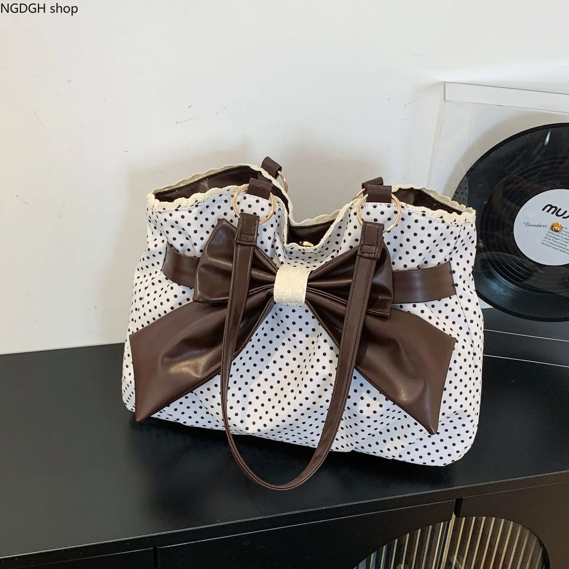 Chic Polka Dot Tote Bag with Oversized Brown Bow & Lace Trim, Large Canvas Shoulder Handbag, Cute Y2K Coquette Purse, Retro Sweet Everyday Accessory, Perfect for School, Travel, Office & Trendy Gift for Her.
