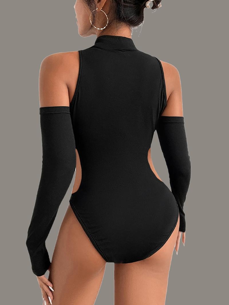 Women's Solid Cut Out Bodysuit, New Trendy Mock Neck Bodysuit with Arm Sleeves, Summer Clothing for Party Club, Ladies Summer Clothes