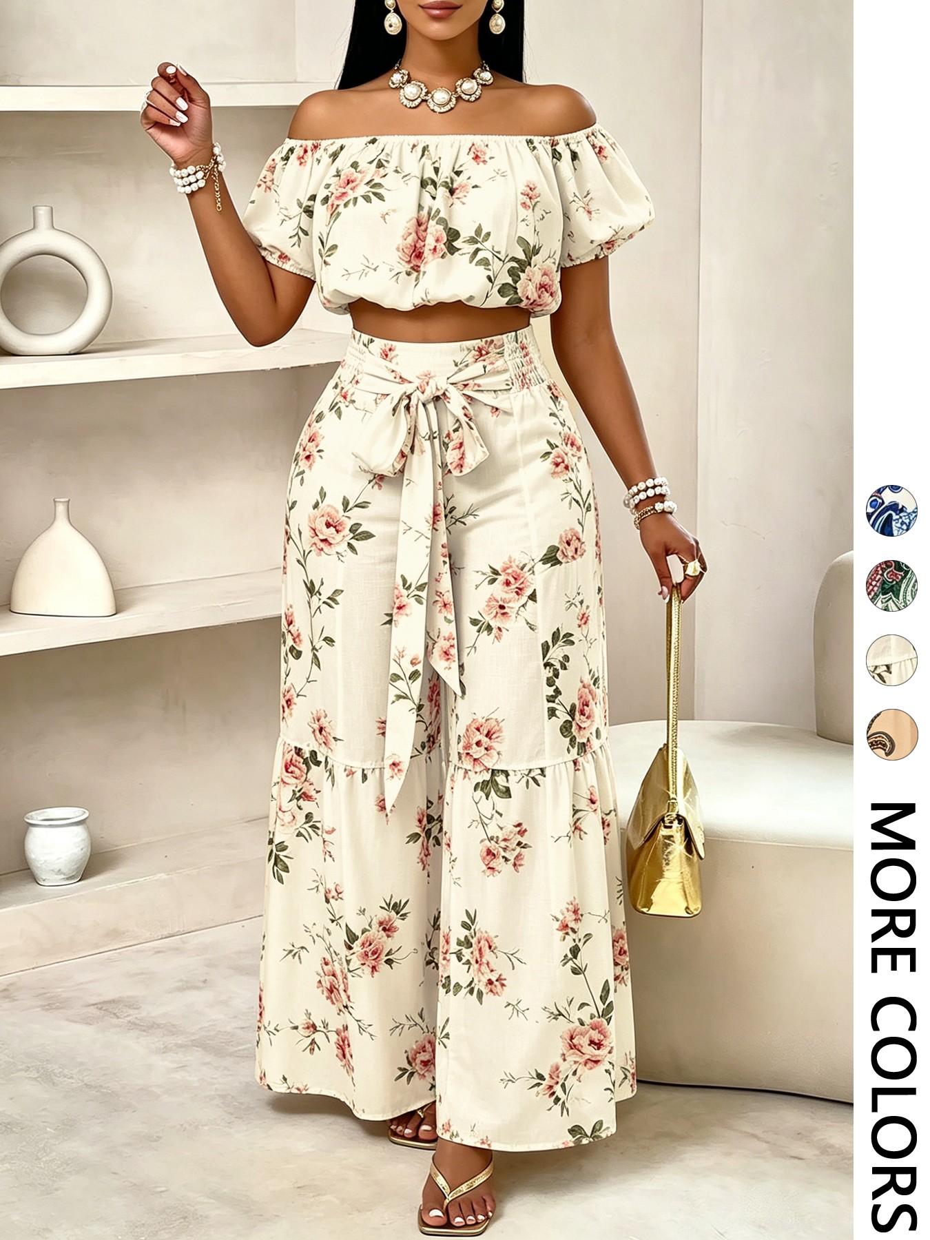 Women's Summer Paisley Print Bohemian Vintage Chic Vacation Two-Piece Set Outfit, Off-Shoulder Bubble Sleeve Crop Top + High Waist Drawstring Wide Leg Pants