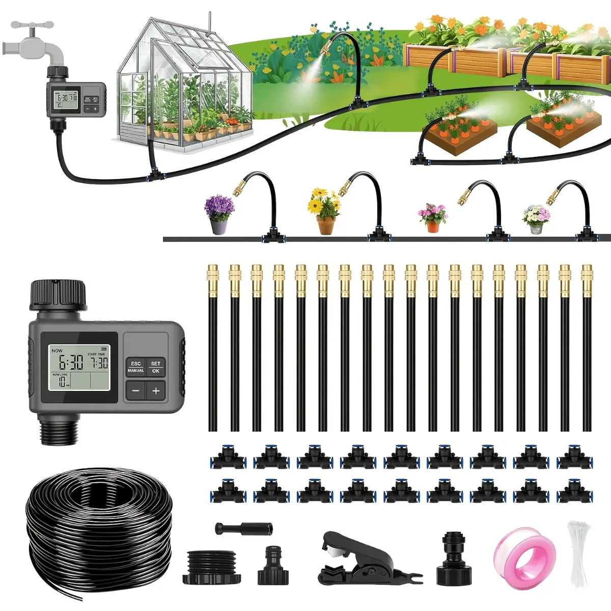 60ft Drip Irrigation System with Smart Water Timer - Automatic Garden Watering Kit with Solid Metal Connectors, 360° Adjustable Nozzles & Bendable Tubing for Garden, Greenhouse & Lawn