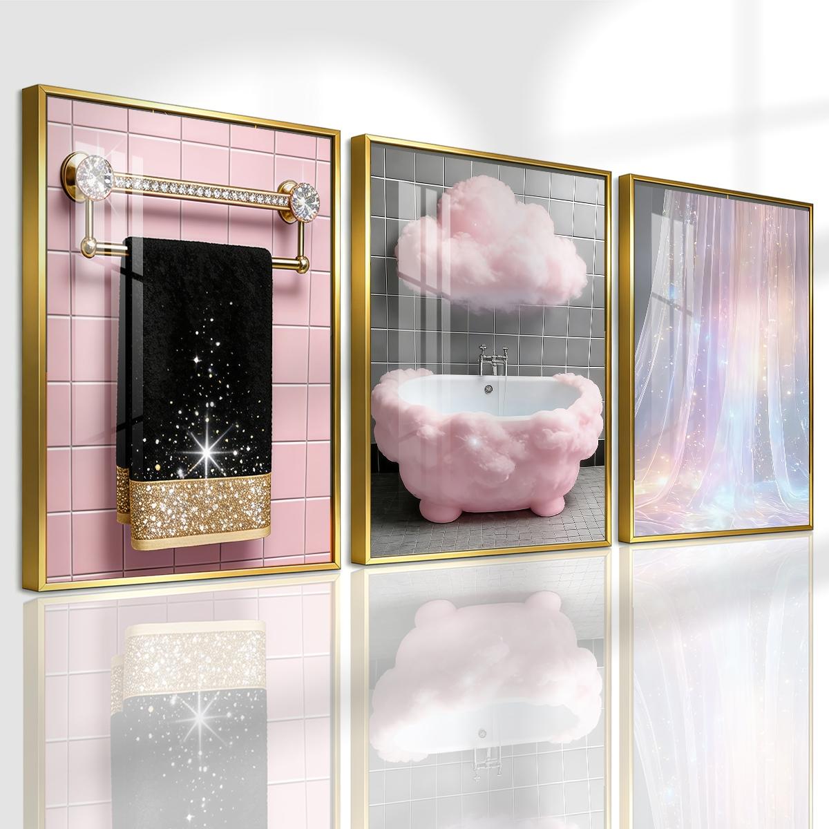 3 Counts Aluminum Alloy Framed Painting, Sparkling Bathroom Luxury Cloud And Curtain Art Pictures, Home Decoration For Living Room, Bedroom, Office, Restaurant, Hallway Wall Decor, Odorless Print Artwork, Luxury Perfect Gift For Friends And Family