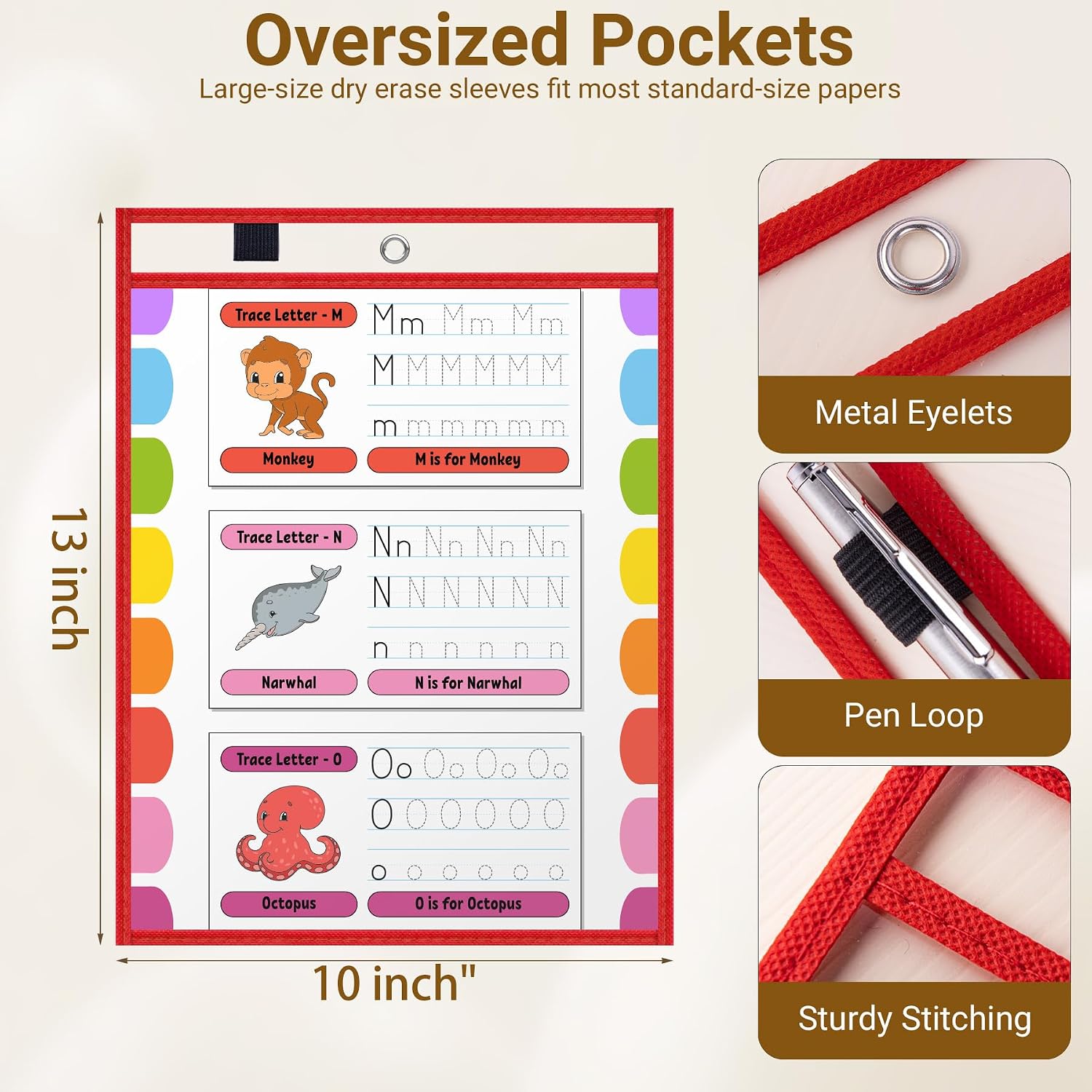 5 Pack  Dry Erase Pocket Sleeves - 10 x 13 Inch Ticket Holders  Clear Plastic Sleeves Sheet Page Protectors for School Teacher Supplies & Classroom Organization, 5 Colors