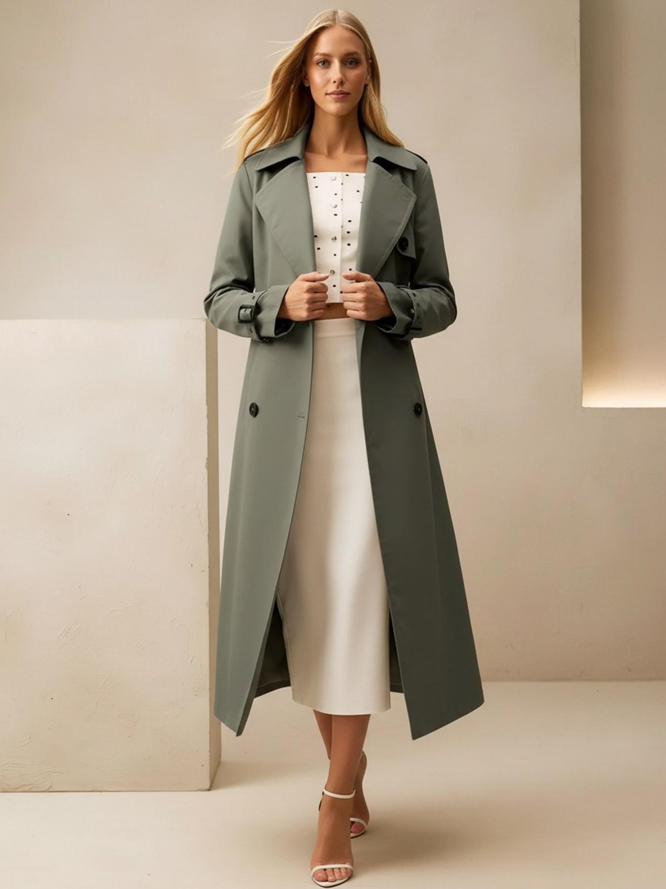 Women's Fall Winter Casual Long Coat, Outerwear, Belted Fitted Windbreaker with Pockets, Spring Outdoor Streetwear Jacket, Plain Design