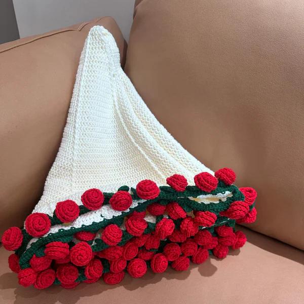 【Valentine's Day】Finished Flower Bouquet Blanket,Handmade Crochet Flower Blanket, Rose Bouquet Blanket, Soft Knitted Throw Rose Blanket, Romantic Gift for Birthday Wedding Valentine’s Day Mother's Day Christmas for Mom Girls and Sisters