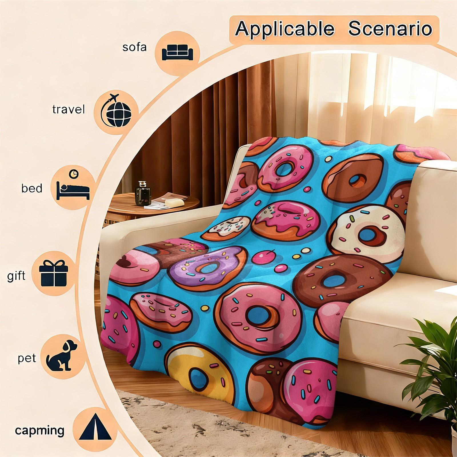 Colorful Donut Print Flannel Throw Blanket, Soft Warm Cozy Fleece Blanket for Couch Bed Sofa, Cute Cartoon Doughnut Decorative Blanket, All Season Plush Blanket, Perfect Gift Blanket for Home Decor, Travel, Nap, All Ages