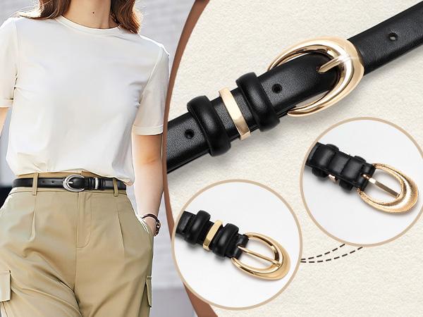 JASGOOD Women Leather Belt for Jeans Pants Fashion Ladies Skinny Faux Leather Belt with Gold Buckle