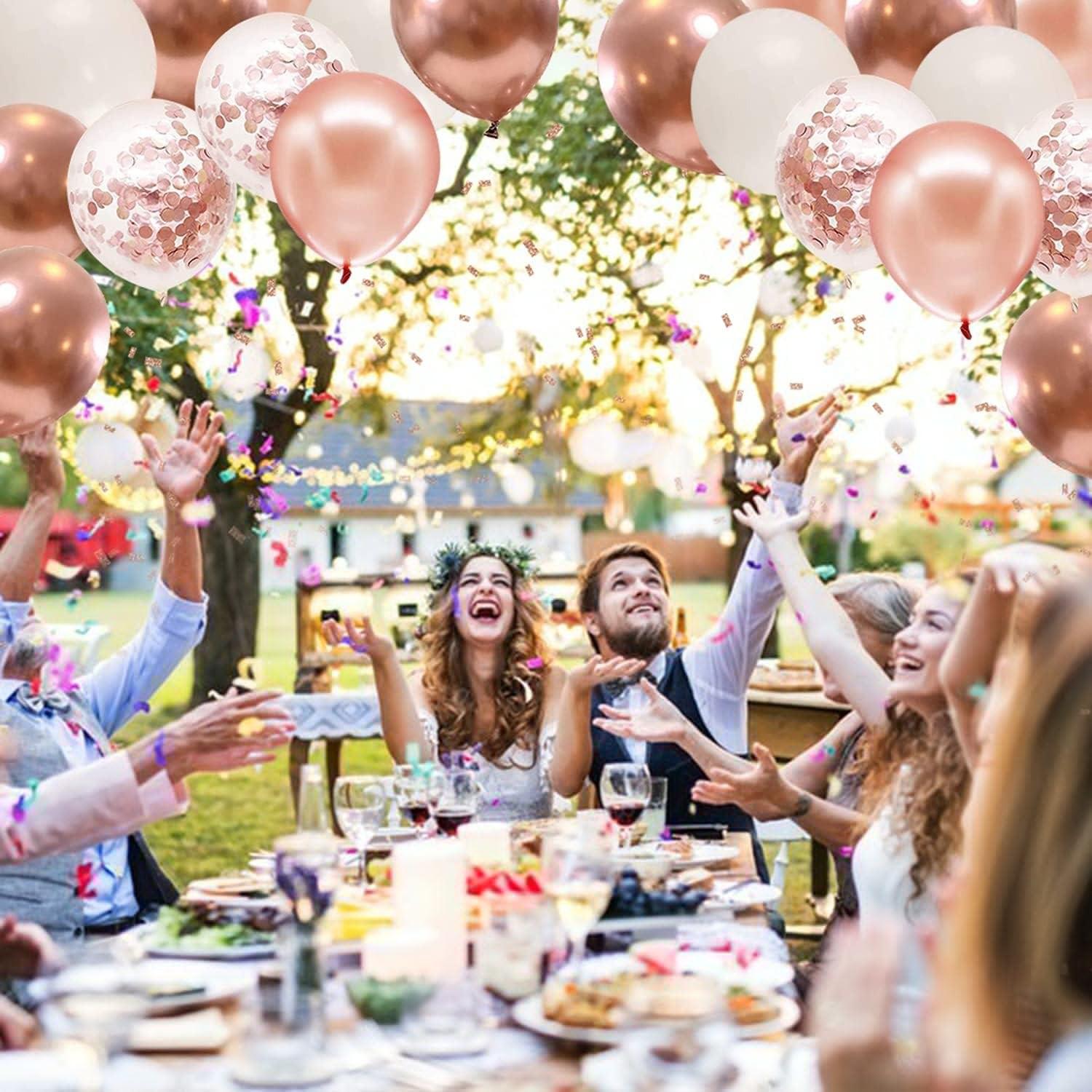 Rose gold colored paper balloons, 50 12 inch metallic rose gold and white latex balloons, paired with plain ribbons, suitable for bridal gatherings, sweet birthday parties, birthday celebrations, and wedding anniversary decorations