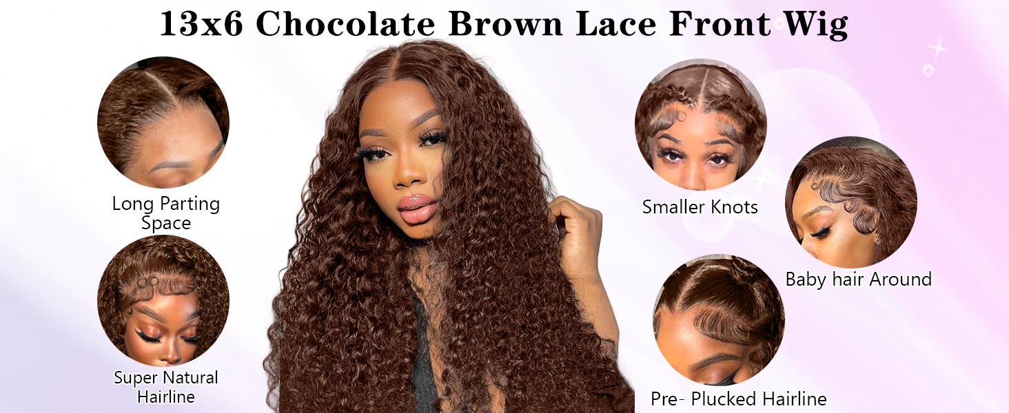 2026 TikTok Shop Deal Chocolate Brown Deep Wave Lace Front Wigs Human Hair 180 Density 13x6 HD Lace Frontal Wigs Curly Human Hair Brown Glueless Wig For Women Pre Plucked with Natural Hairline Valentine's Day Gift