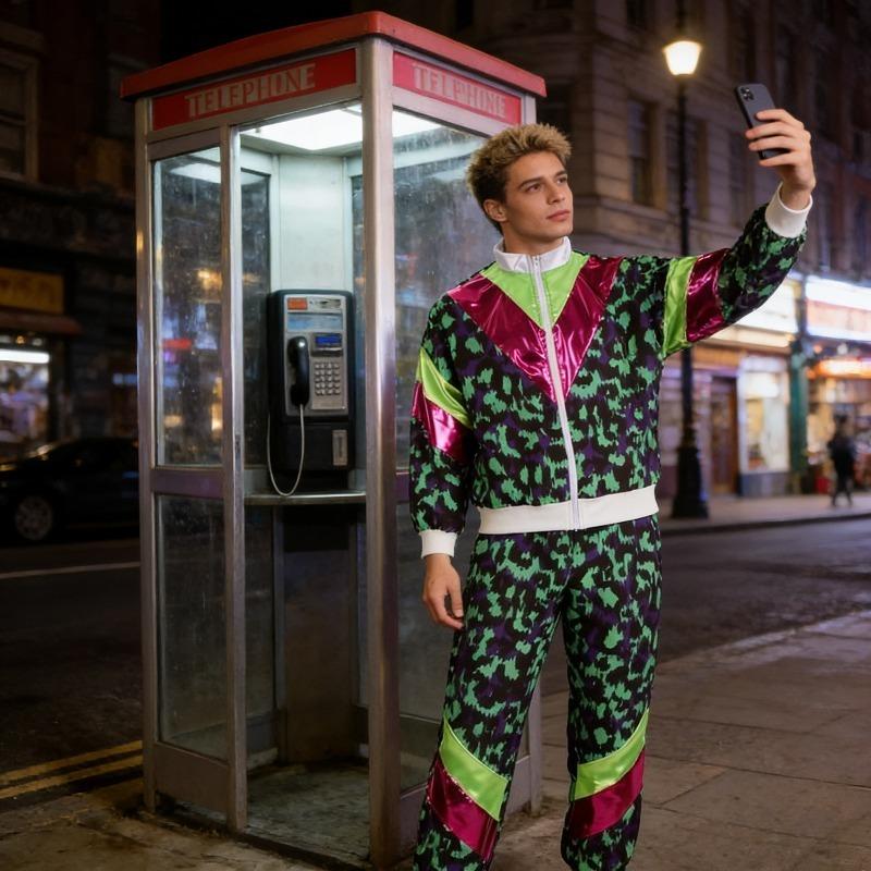 Unisex 2-piece 80s Party Photobooth Props Retro Leopard Print Sportswear Full Zip Jacket and Elastic Pants Disco Dance Costumes for Themed Party Events