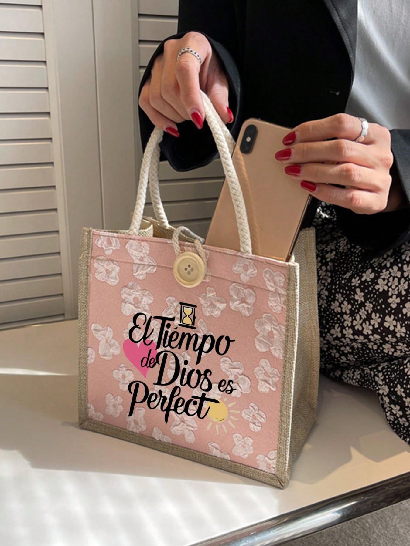 Spanish Religious Quote Jute Tote Bag, 3D Floral Print with Wood Button, Large Capacity Reusable Shoulder Bag, Faith Theme Gift