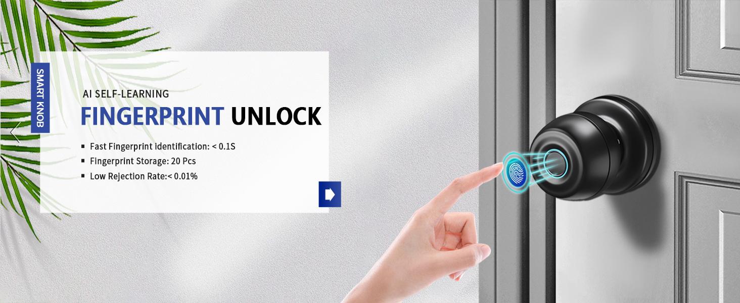 Valentine's Day Gift Fingerprint Door Lock, Smart Door Knob, Biometric Door knob with App Control, Easy to Install, Replaceable Battery, Up to 100 Thumbs, Suitable for Bedrooms, Cloakroom, Garage, Offices, Hotel-Black FathersDayGift