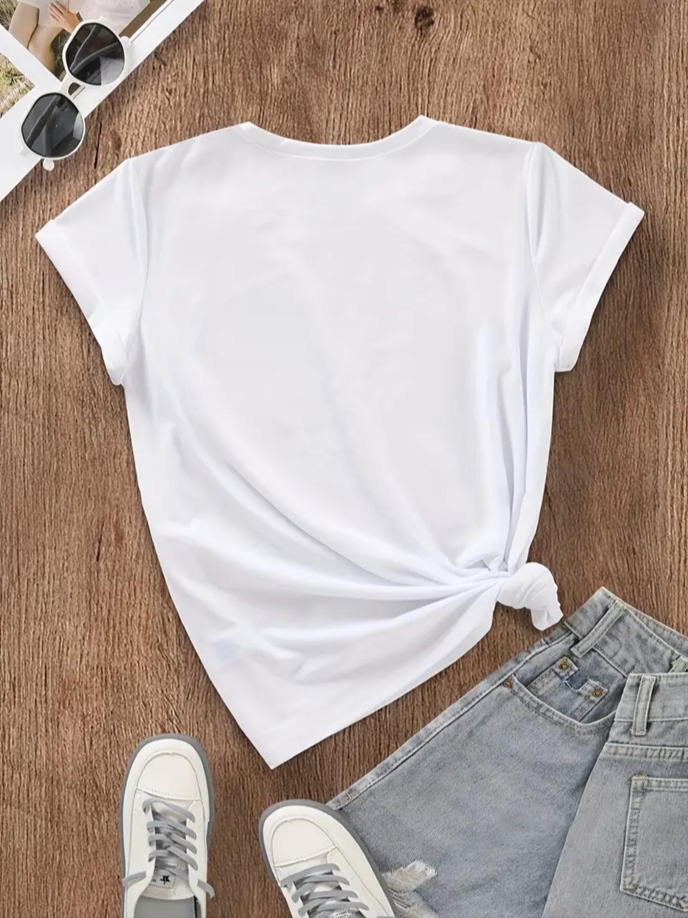Women's Letter & Cross Print Round Neck Tee, Casual Short Sleeve Crew Neck T-shirt for Summer, Fashion Women's Top for Daily Wear, T Shirts for Women, Tshirt, Womenswear