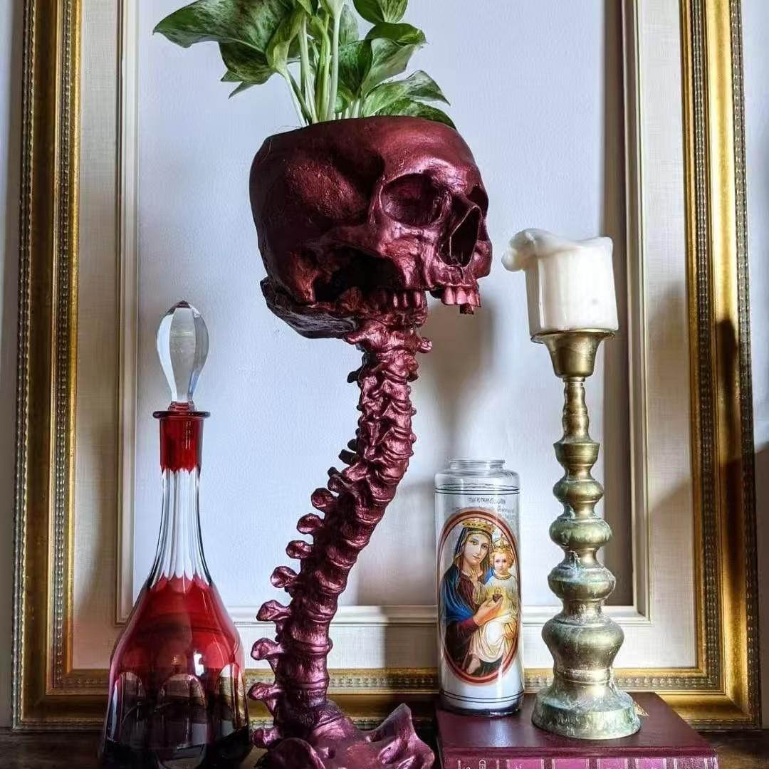 Human Skeleton Skull Planter & Spine Stand, Gothic Flower Pot, Halloween Home Decoration, Unique Decorative Item for Festive Settings