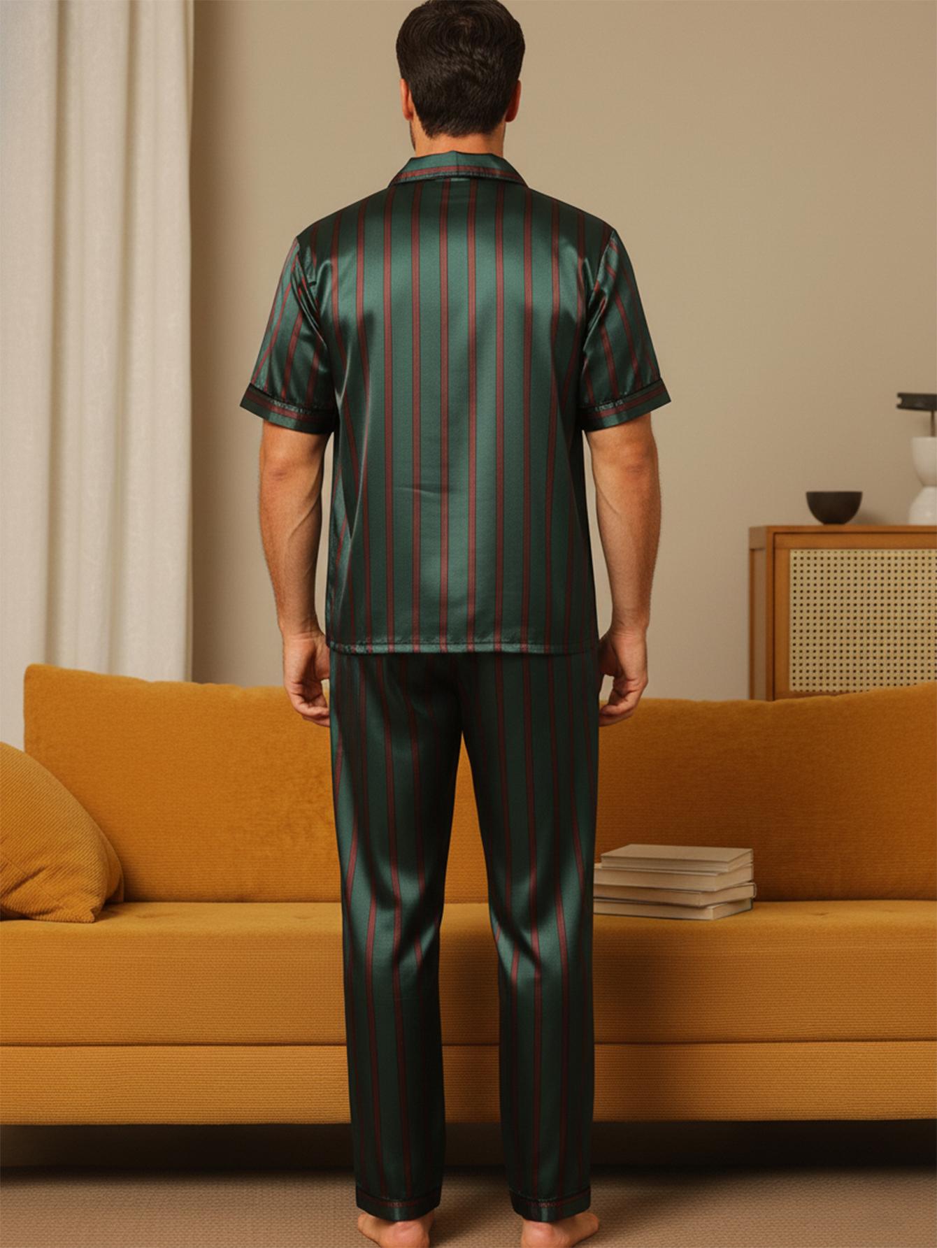 Men's Casual Sleepwear Set, Pajama Set, Thin Ice Silk Striped Fabric, Comfortable Daily Wear, Short Sleeve and Long Pants Button Open Shirt