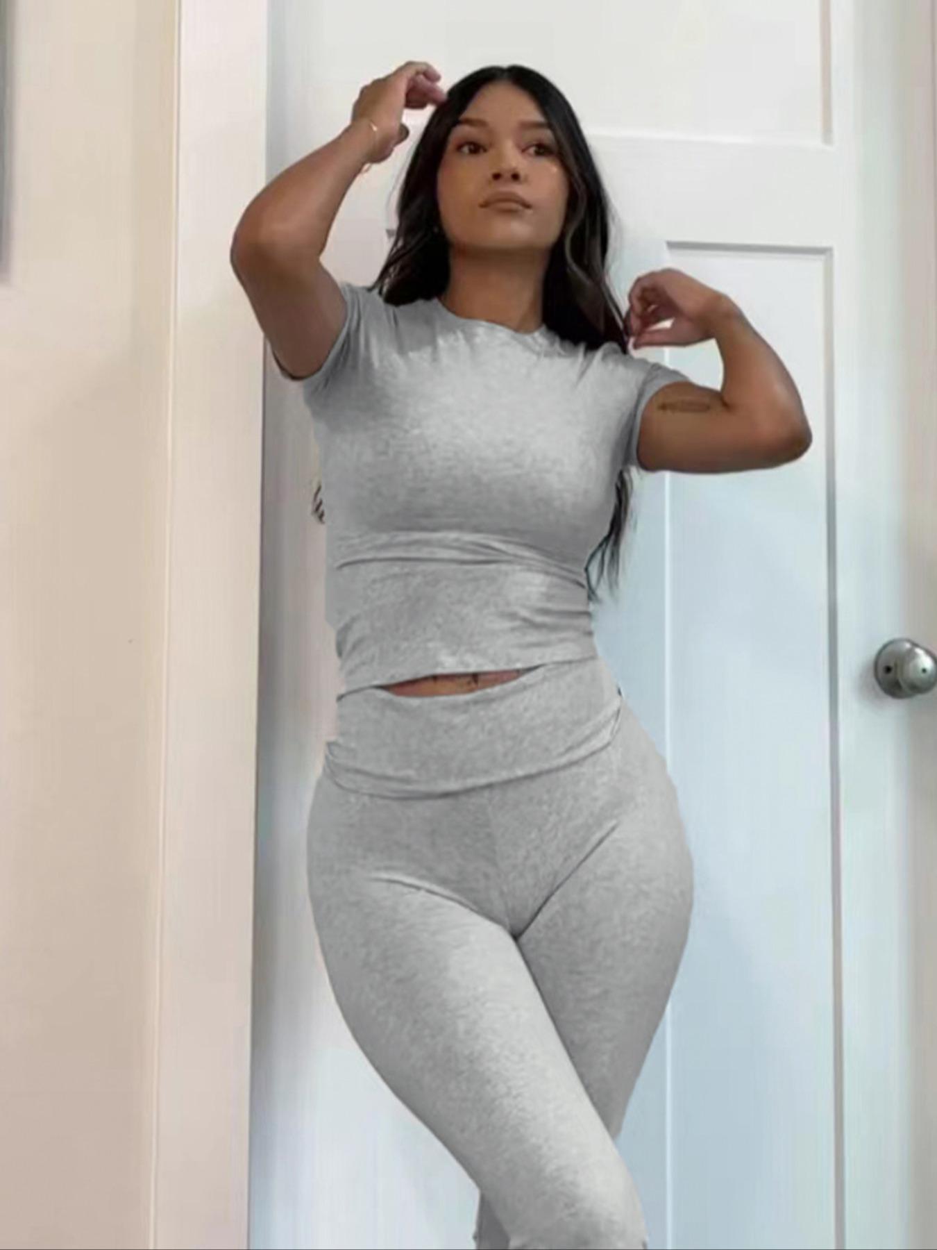 Women's Solid Round Neck Crop Top & Skinny Pants Loungewear Set, Summer Outfits 2024, Casual Comfy Pyjama Set for Women, Comfy Loungewear Set for Women Home Wear, Pyjamas for Women