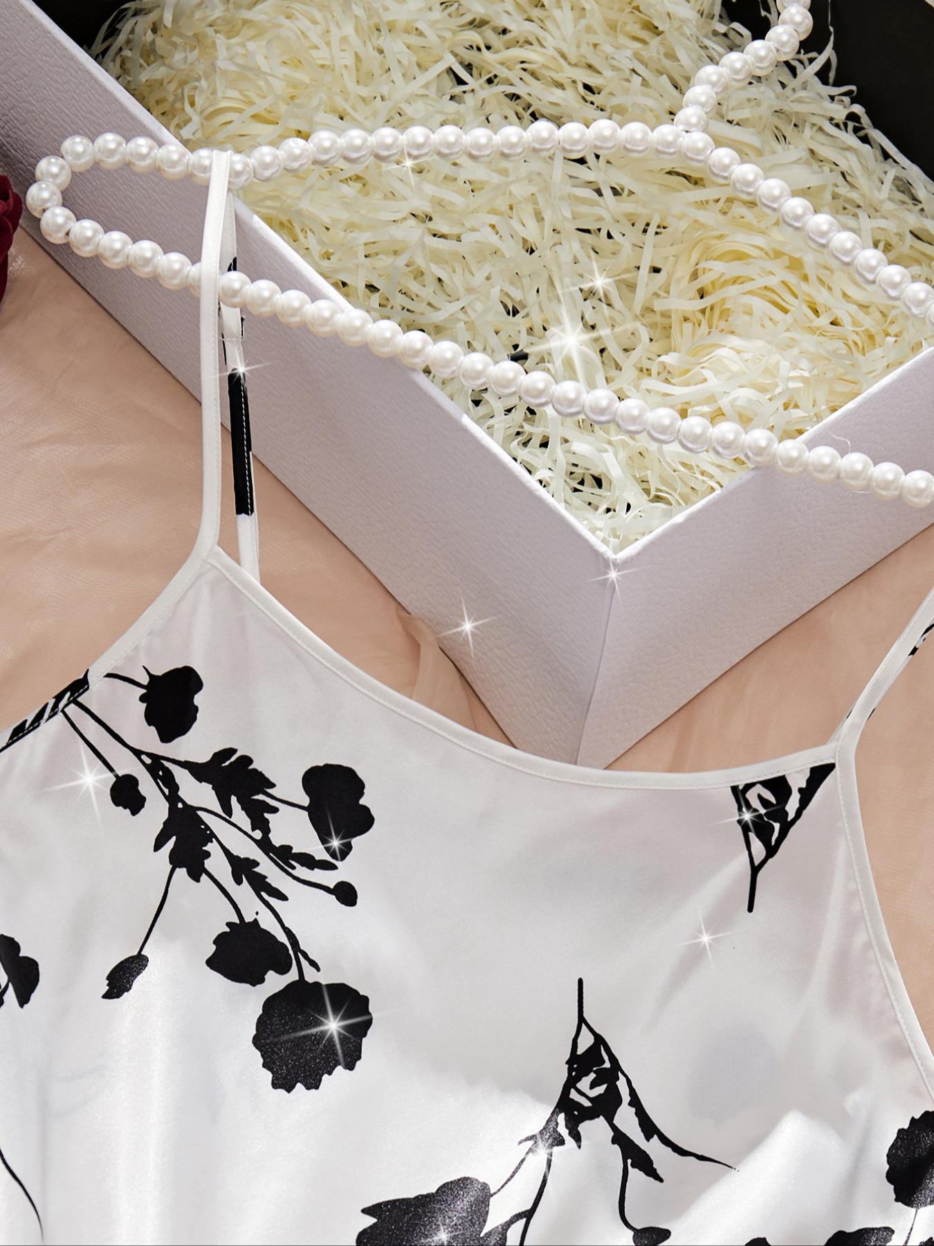 Women's Floral Print Backless Satin Cami Nightdress, Regular Fit Elegant Spaghetti Strap Nighty Dress for Women, Bride's Nightgown, Women's Night Dresses for All Seasons, Slips Dress