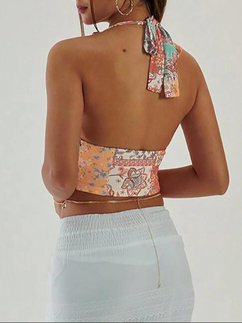 Women's Floral Print Halter Neck Top, Boho Sleeveless Cropped Top for Summer, Women's Clothing for Beach Holiday Vacation, Boho Sleeveless Tie Back Womenswear, Casual Boho Sleeveless