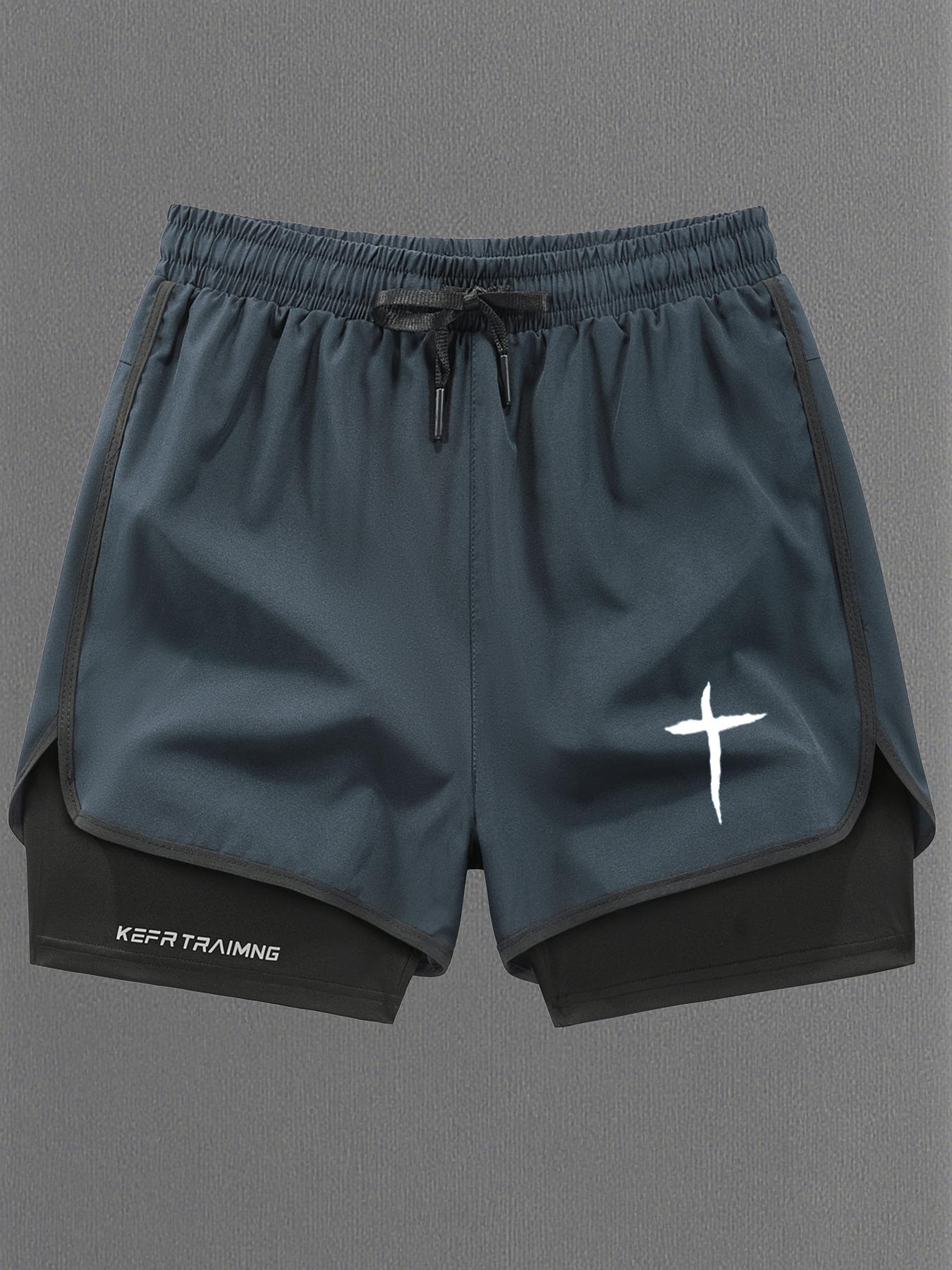 Men Women Regular Fit 2-In-1 Drawstring Waist Sport Shorts, Summer Pocket Print Casual Half Yoga Exercise Shorts, Fashionable Daily Wear