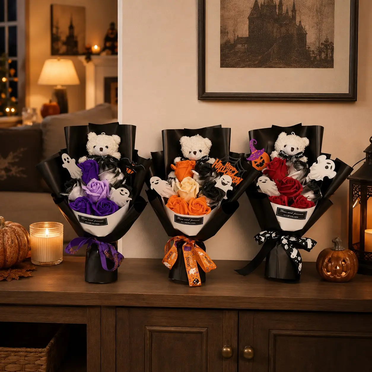 7 Pcs Halloween Handmade Preserved Flower Bouquet, Artificial Floral Decor, Ideal for Home Decoration or Table Centerpiece, Perfect Gift for Witch Friends
