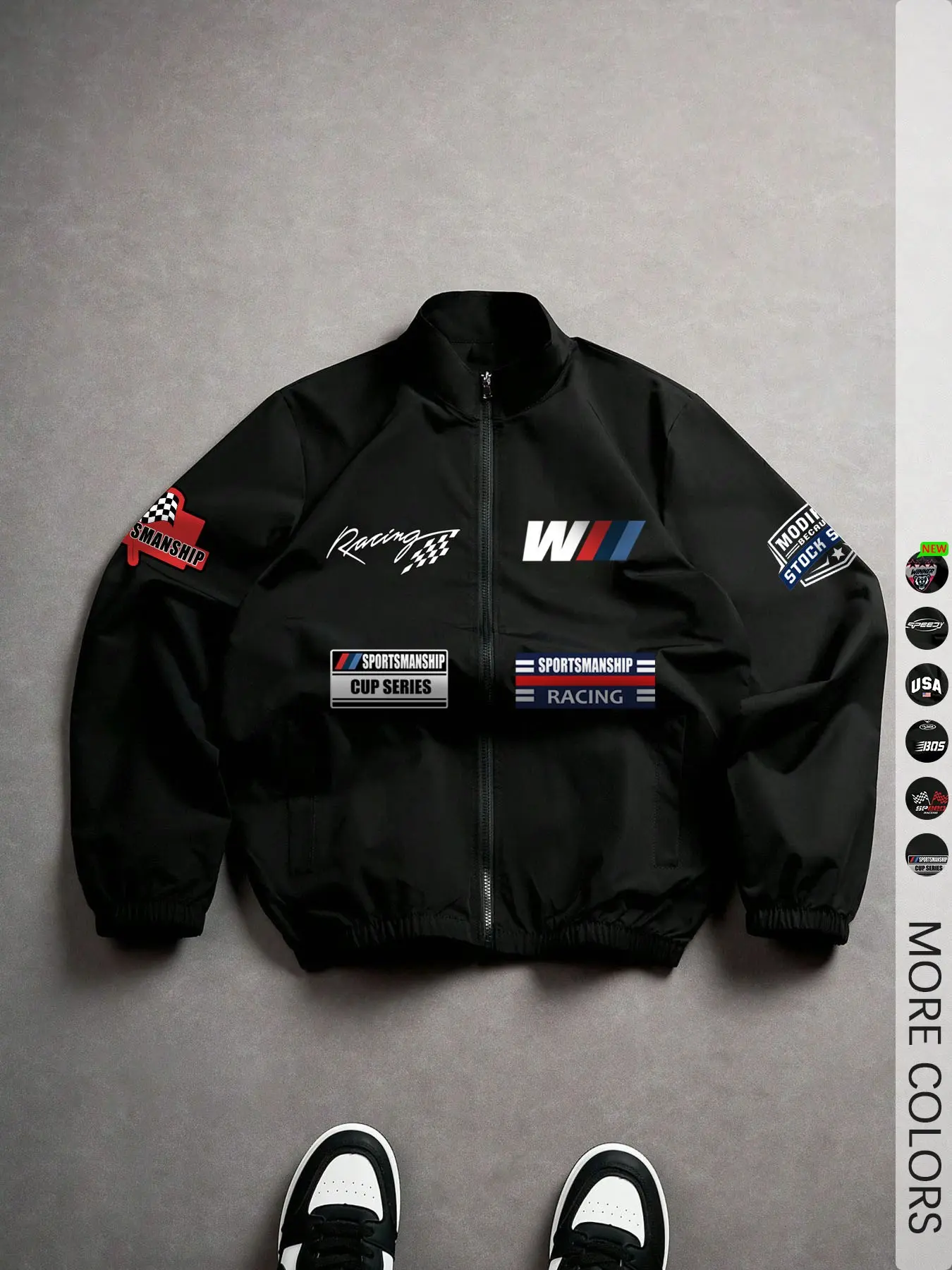Men's Zip‑Up Stand Collar Jacket, Racing‑Inspired Graphic Print, Casual Outerwear, For Racing Enthusiasts, Event Occasions, Street Style Looks, Streetwear Jackets