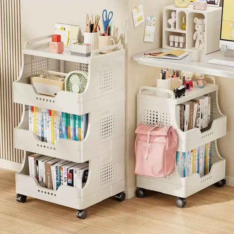 Foldable No-Assembly Rolling Mobile Book Storage Cart with Wheels, Multilayer Desktop File Organizer for Home Office Hanging Racks
