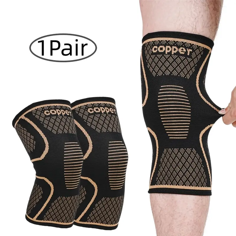 2 Pack Copper Compression Knee Sleeves, Knee Supporter, High-Elasticity Anti-Slip Breathable Knit Support for Sports, Running, Fitness and Basketball, Injury Prevention Gift, Basketball Gear, Compression Sleeve for Knee Pain