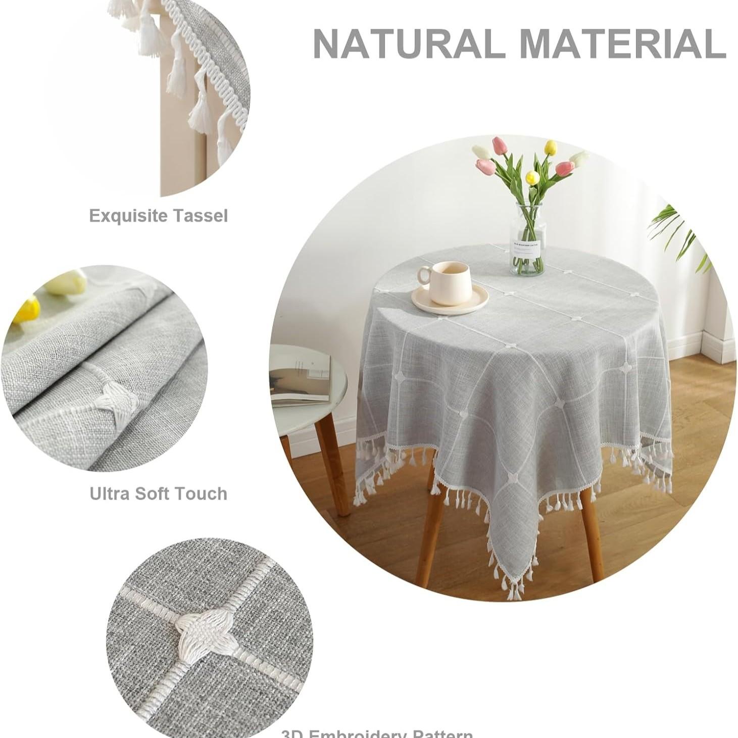 Plaid Tablecloth with Fringe, Round Dual-Layer Plaid, Embroidered, Handmade Fringe, Stain-Resistant, Non-Slip, Ideal for Gatherings