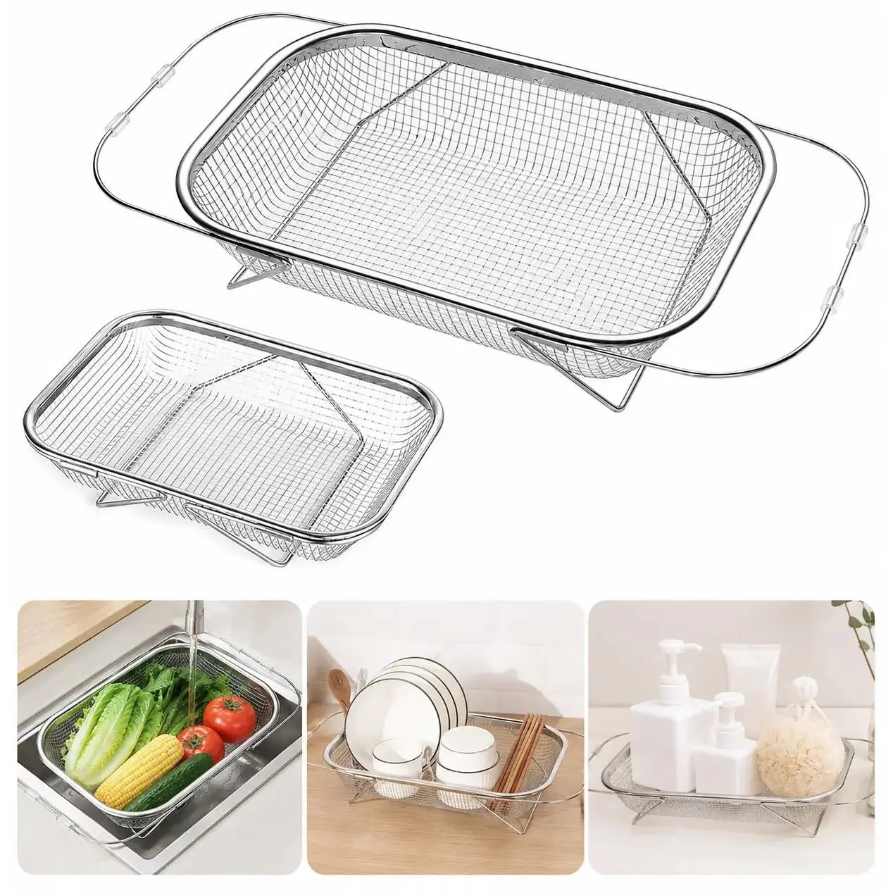 Large Household Stainless Steel Water Filter Basket, Portable Telescopic Water Filter Rack, Adjustable, Telescopic, Foldable, Used for Cleaning Fruits, Vegetables, Etc., Essential for Home Kitchens,
