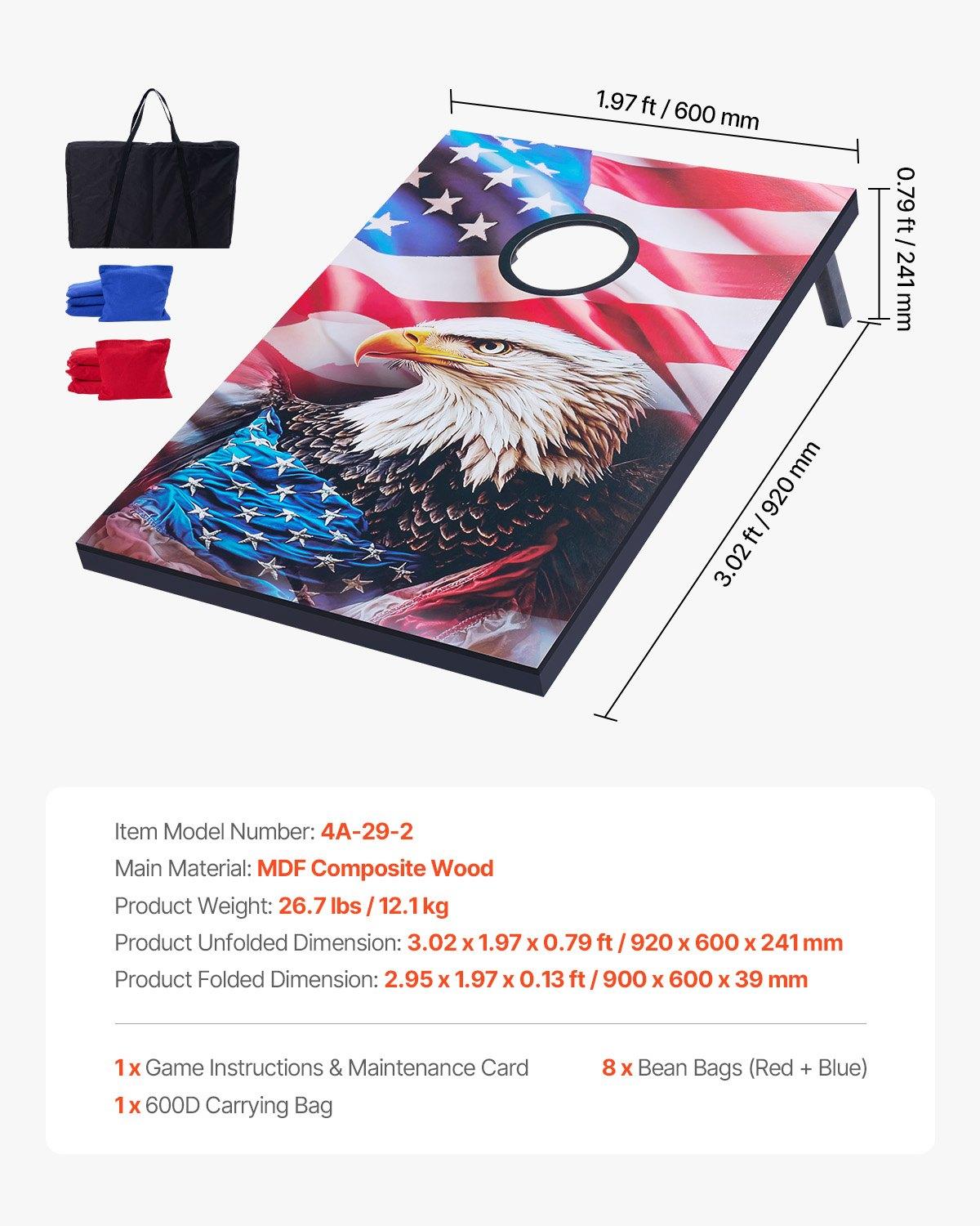 VEVOR Cornhole Set, 3x2 ft Corn Hole Game Boards, MDF Wood Portable Toss Board, Indoor and Outdoor Cornhole Play for Adults, Include 8 Bean Bags and Carrying Case, for Yard, Backyard, Beach, Camping