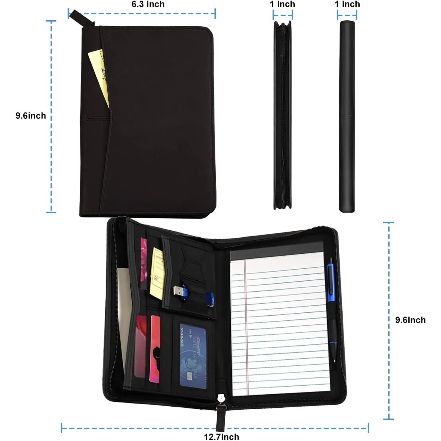 Junior Business Padfolio - A5 PU Leather Portfolio Binder & Zippered Binder Folder with 5 x 8 Writing Pad and Interior Storage Pocket Executive Business Organizer for Men Women,Black