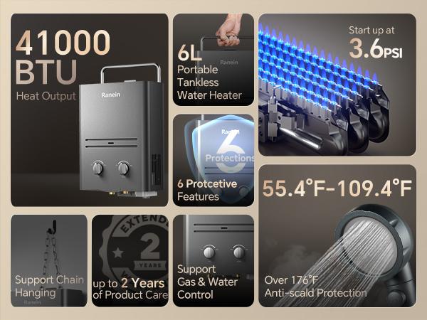 Ranein Tankless Water Heater Outdoor, 1.58 GPM Portable Propane Camping Water Heater, 6L, RO4KY, Grey