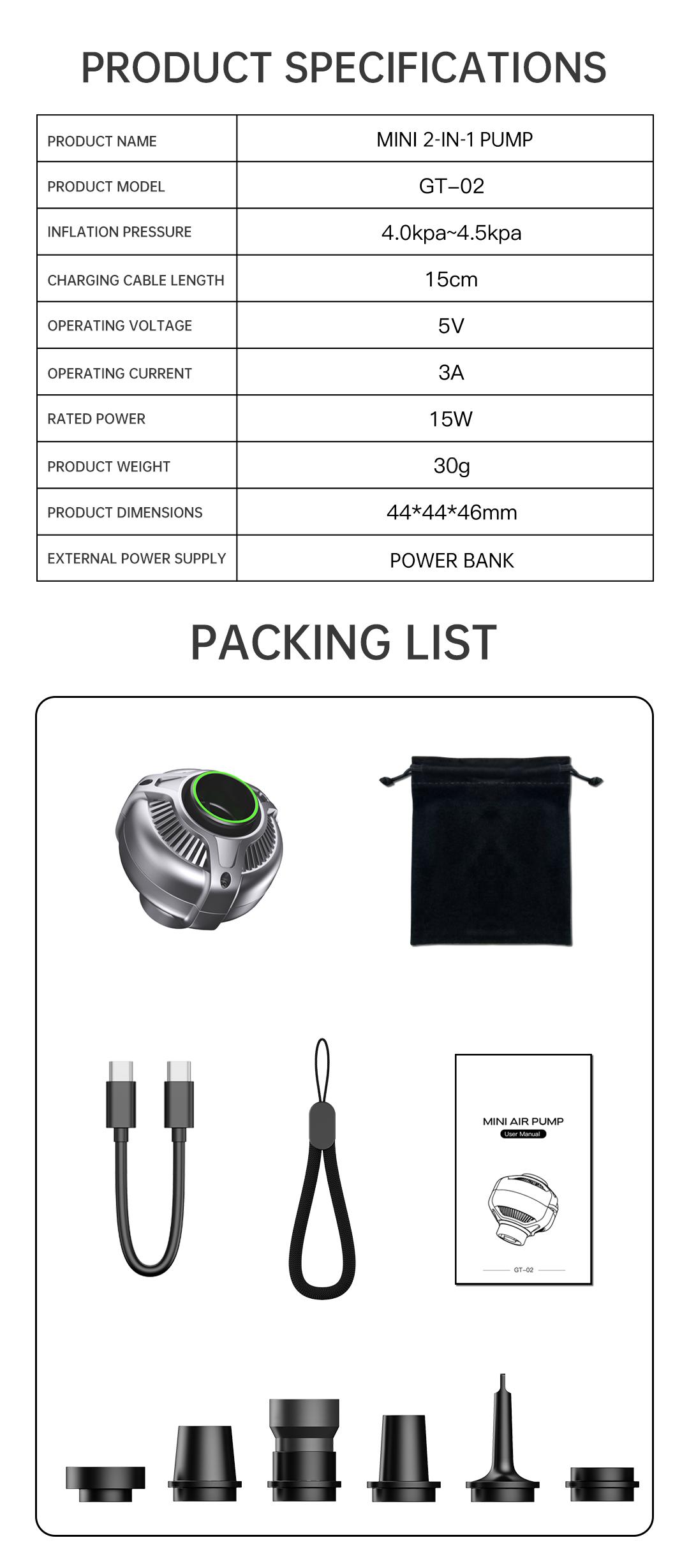 GT-02 Mini Air Pump 30g – Ultra-Light Mini Portable Electric Air Pump, 4-in-1 Inflate & Deflate Mini Vacuum Pump, Mini Inflator for Pool Floats, Air Mattress, Camping & Travel