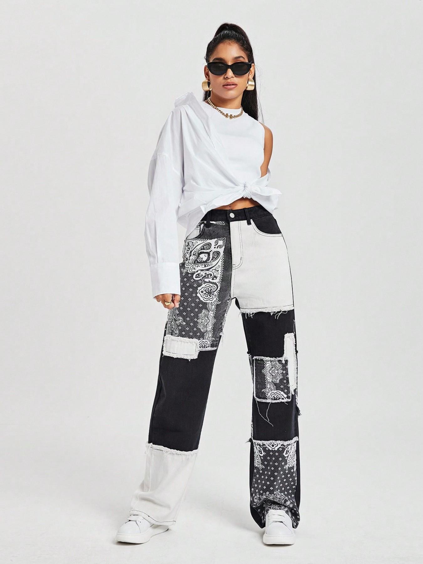 Plus Size American Vintage Paisley Patchwork Jeans, High Waist Slimming Wide Leg Pants, Women's Fashionable Denim Trousers