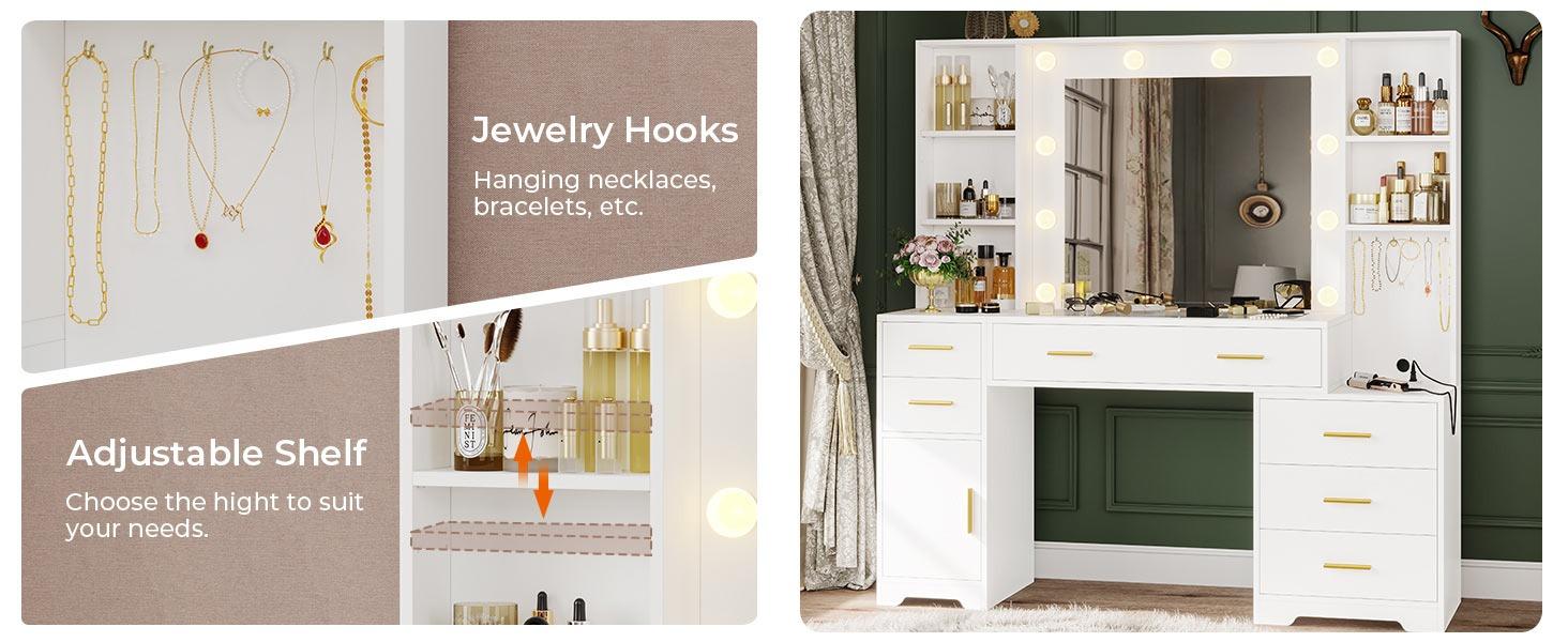 Sikaic 48.8 Inches Large Makeup Vanity Desk With Lighted Mirror & Power Outlet Glass Tabletop Bedroom Dressing Table