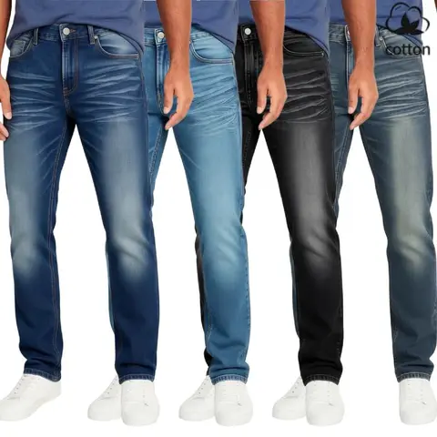 Men's High Cotton Blend Flex Stretch Slim Straight Casual Comfy Jeans - Plain, Pocketed, Blue Denim Look Menswear Bottoms, Streetwear, Fitted Daily Work Pants, Easy Styling